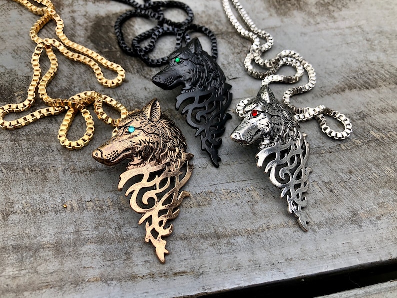Wolf Necklace - Celtic Viking Necklace Gift For Men Women Wolf Costume - Pagan Wiccan Jewelry - Totem Matching His and Hers Couples Necklace 