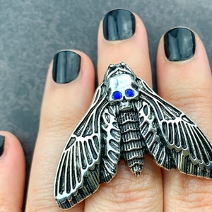 Birthstone Death Head Moth Ring Silver Witch Ring Occult Jewelry Goth Insect Skull Ring image 7