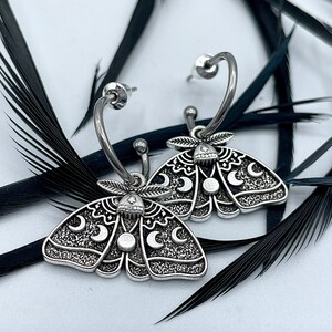 Silver Luna Moth Huggie Hoops Goth Insect Earrings Cartilage Hoops Wiccan Moon Phase Jewelry image 6