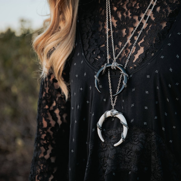 Black/White Double Horn Necklace - Statement Necklace - Upside Down Moon Necklace - Boho Layering Necklace - Large Crescent Moon Necklace