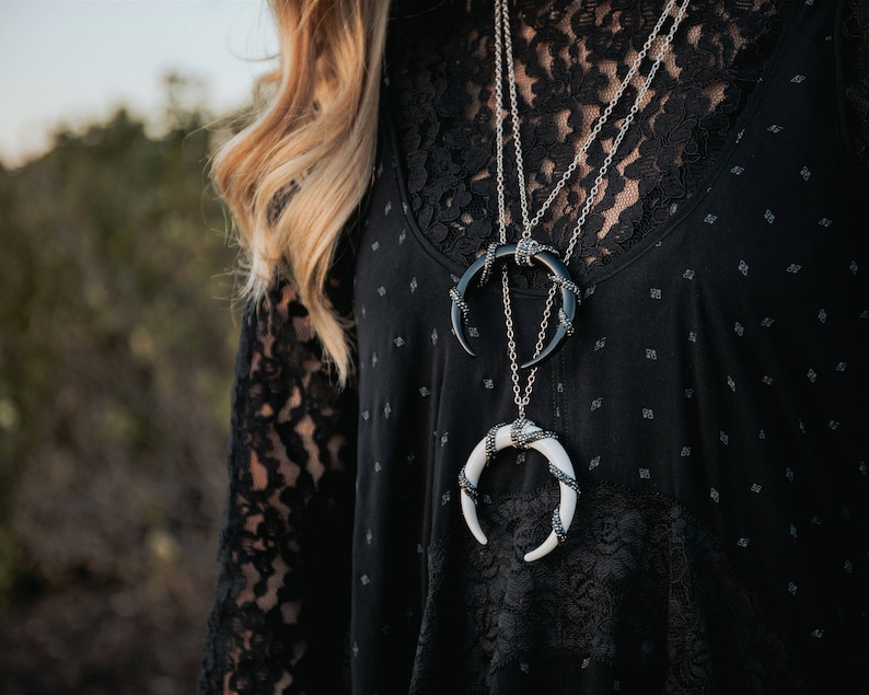 Black/White Double Horn Necklace Statement Necklace Upside Down Moon Necklace Boho Layering Necklace Large Crescent Moon Necklace image 1