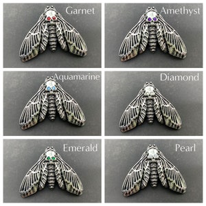 Birthstone Death Head Moth Ring Silver Witch Ring Occult Jewelry Goth Insect Skull Ring image 3