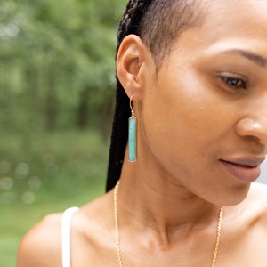 18K Gold Gemstone Bar Earrings-Dangle Amazonite Earrings Rose Quartz Earrings Rectangle Earrings 004 image 2