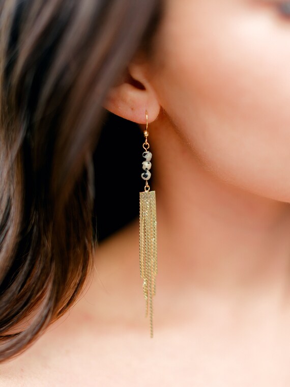 Gold Gemstone Metal Fringe Earrings Mindfulness Gift 70s Etsy