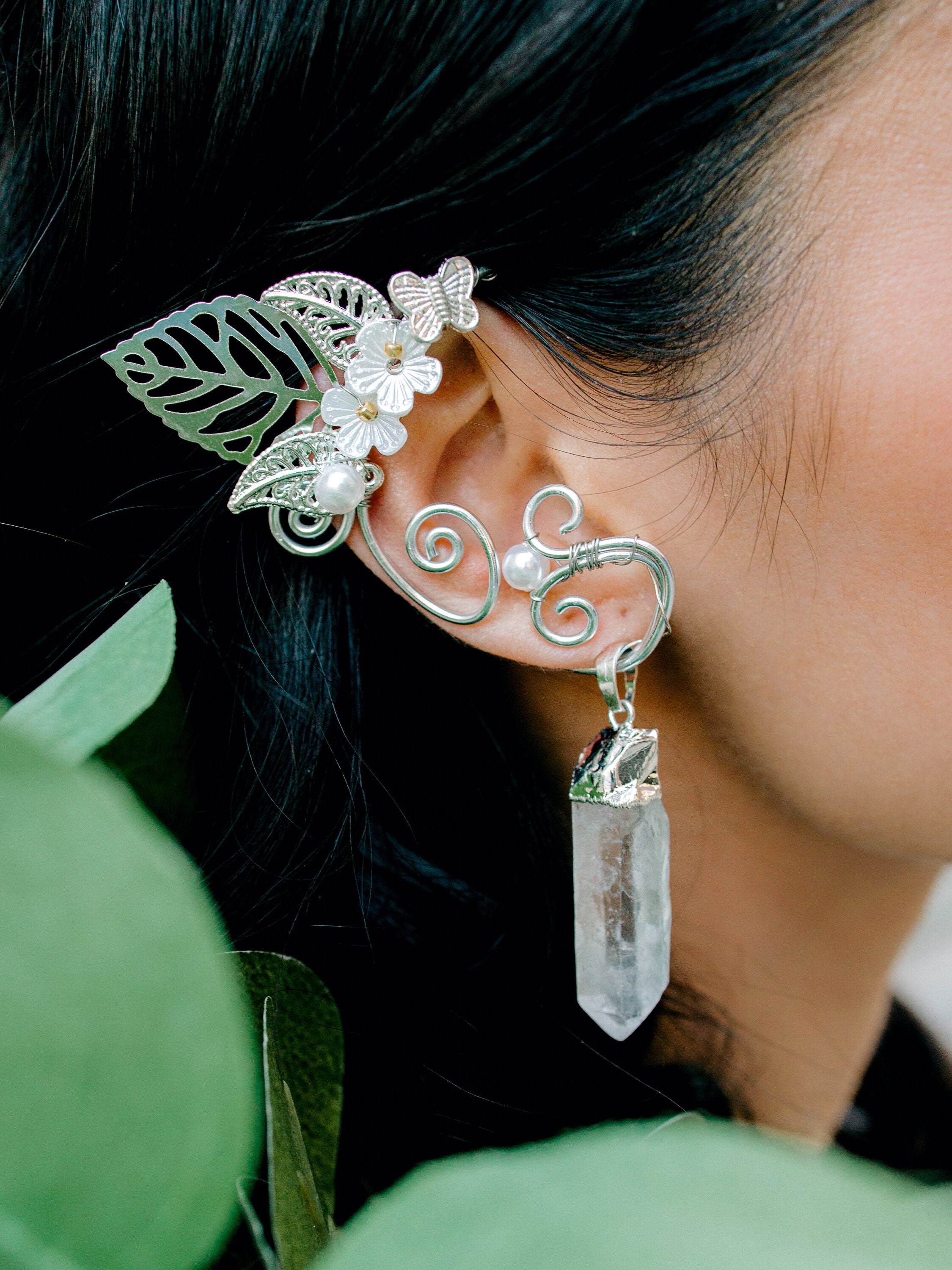 Elf Ears Cuff No Piercing - Elven Ear Climber - Ear Crawler Earrings - Fairy Costume Earcuff Vine Wrap