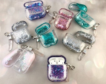 Glitter Airpod Case with Clear Quartz Crystal Keychain – Polycarbonate Protective Cover