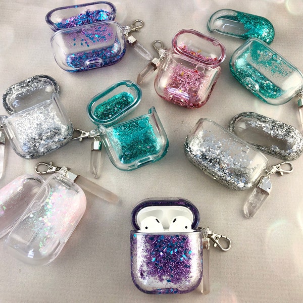 Glitter Airpods Case/Airpod Pro Case with Clear Quartz - Airpods Case Keychain - Cute Airpod Case - Crystal Keychain