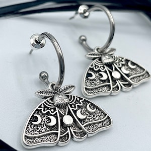 Silver Luna Moth Huggie Hoops Goth Insect Earrings Cartilage Hoops Wiccan Moon Phase Jewelry image 2