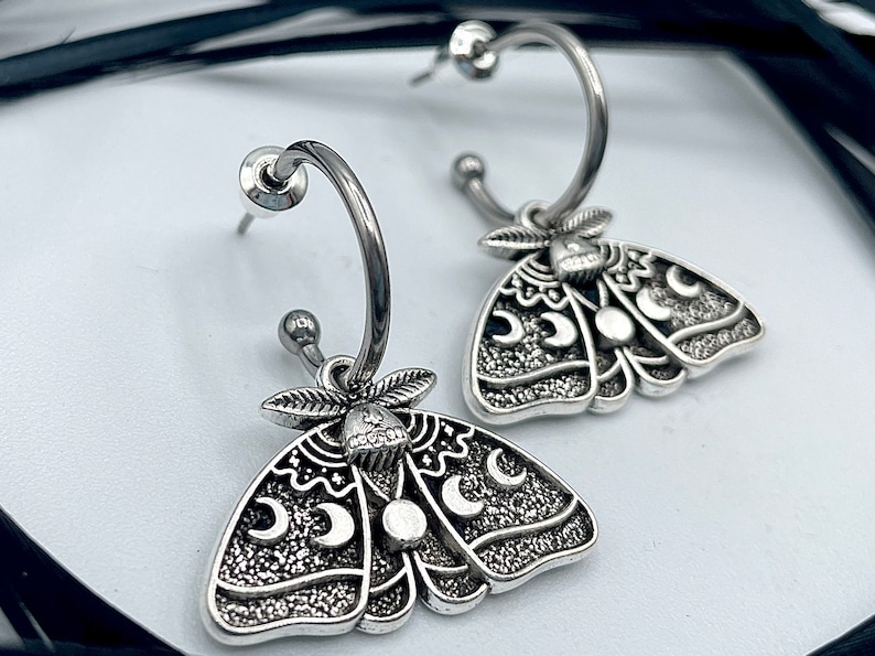 Silver Luna Moth Huggie Hoops Goth Insect Earrings Cartilage Hoops Wiccan Moon Phase Jewelry image 2