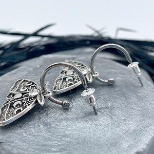 Silver Luna Moth Huggie Hoops Goth Insect Earrings Cartilage Hoops Wiccan Moon Phase Jewelry image 5