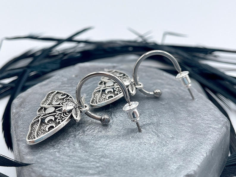 Silver Luna Moth Huggie Hoops Goth Insect Earrings Cartilage Hoops Wiccan Moon Phase Jewelry image 5