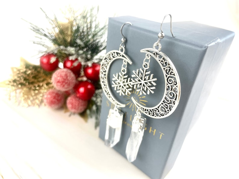 Crescent Moon Snowflake Earrings  Winter Earrings  Boho image 1