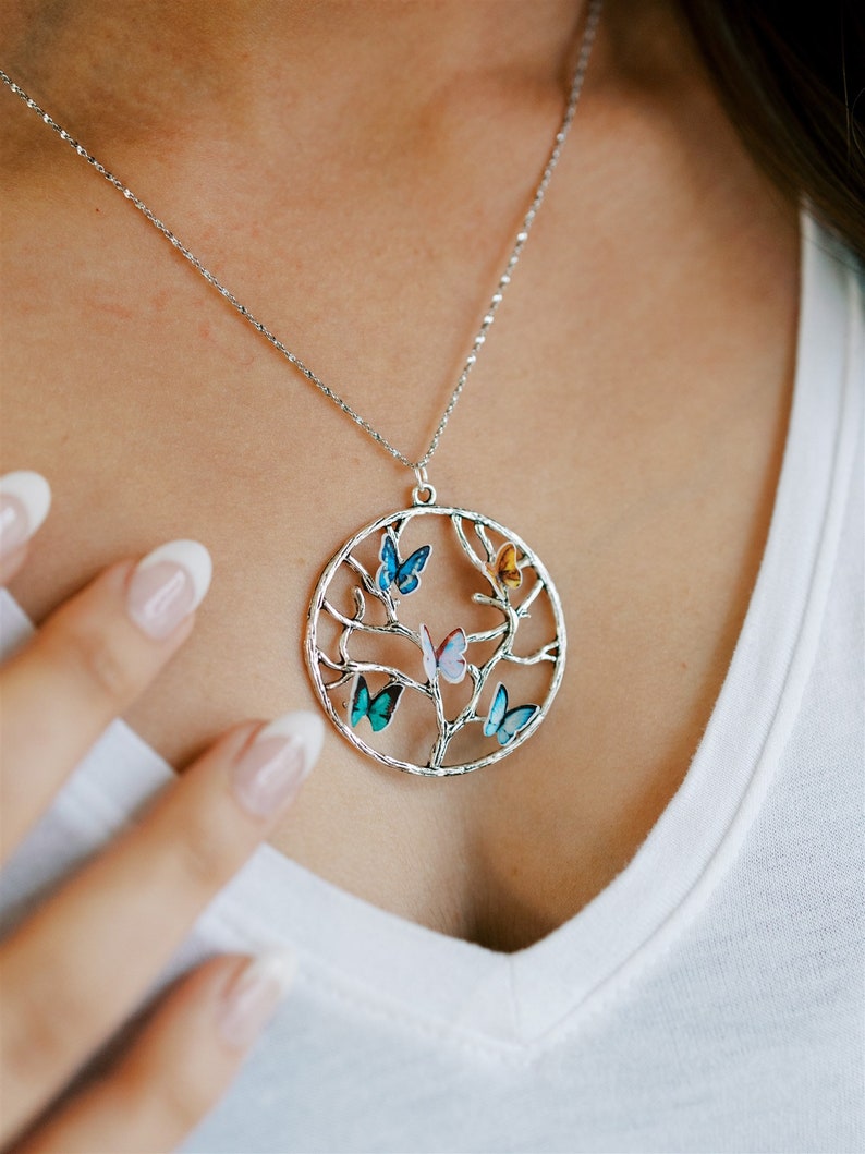 Butterfly Birthstone Necklace Family Tree Necklace Birthstone Jewelry Mom Jewelry Tree of Life Necklace 017 image 2