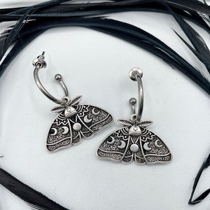 Silver Luna Moth Huggie Hoops Goth Insect Earrings Cartilage Hoops Wiccan Moon Phase Jewelry image 4