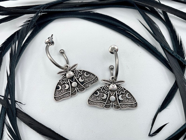 Silver Luna Moth Huggie Hoops Goth Insect Earrings Cartilage Hoops Wiccan Moon Phase Jewelry image 4