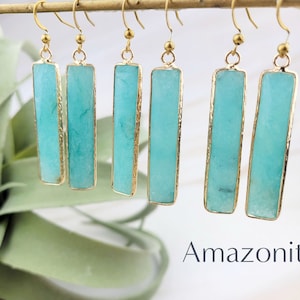 18K Gold Gemstone Bar Earrings-Dangle Amazonite Earrings Rose Quartz Earrings Rectangle Earrings 004 Amazonite