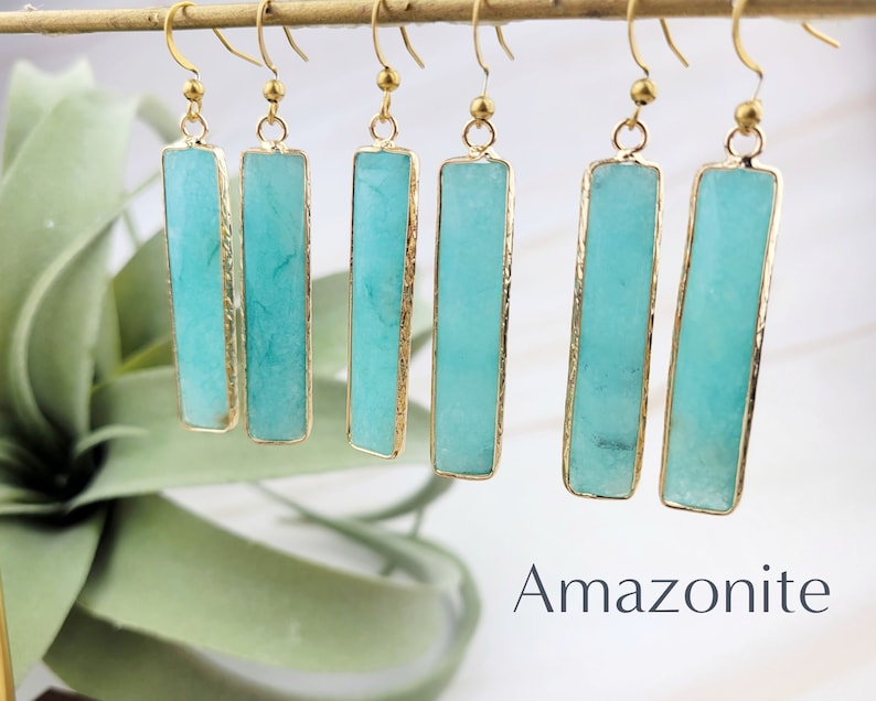 18K Gold Gemstone Bar Earrings-Dangle Amazonite Earrings Rose Quartz Earrings Rectangle Earrings 004 Amazonite