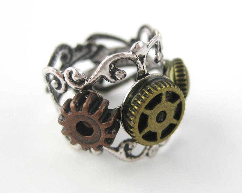 Steampunk Jewelry Steampunk Ring Women Cogs and Gears Ring Silver or Gold Filigree Ring Fallout image 7