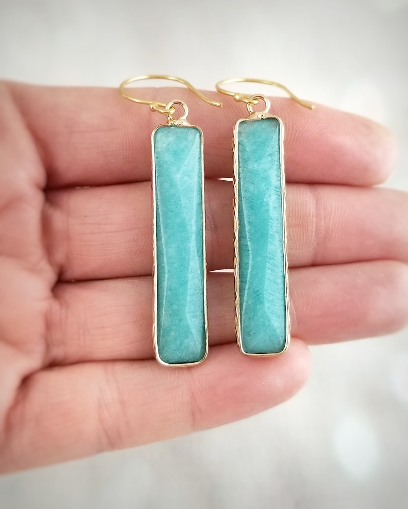 18K Gold Gemstone Bar Earrings-Dangle Amazonite Earrings Rose Quartz Earrings Rectangle Earrings 004 image 9