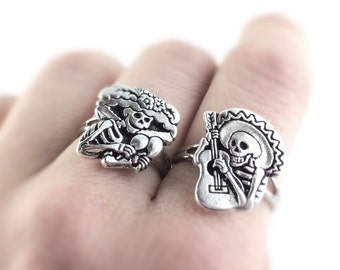 Sugar Skull Jewelry - Silver Sugar Skull Ring - Day of The Dead Jewelry - Dia De Los Muertos Jewelry - Best Friend Rings For Two 2
