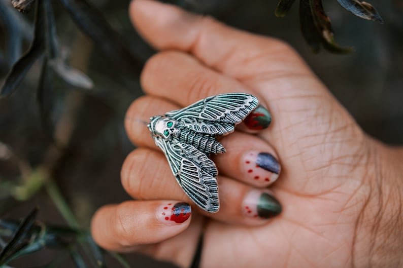 Birthstone Death Head Moth Ring Silver Witch Ring Occult Jewelry Goth Insect Skull Ring image 1