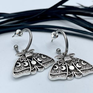 Silver Luna Moth Huggie Hoops Goth Insect Earrings Cartilage Hoops Wiccan Moon Phase Jewelry image 7