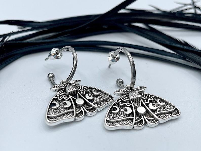 Silver Luna Moth Huggie Hoops Goth Insect Earrings Cartilage Hoops Wiccan Moon Phase Jewelry image 7