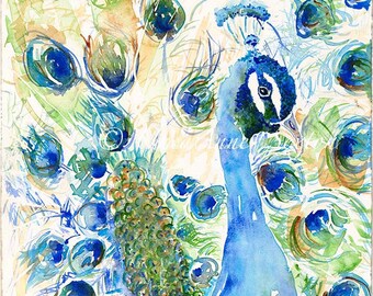 Bird Art, 22x15 Peacock  Watercolor Blue Feathers, Turquoise Royal Blu, Teal Sap green, Original Watercolor Fine Art Painting For Sale