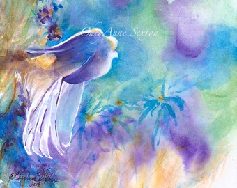 Abstract Watercolor Bird art - ORIGINAL WaterColour Painting Finch Flush-Out  Wild Blue Purple New Mexico 9x12