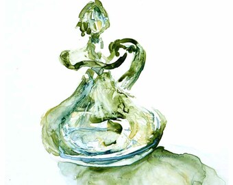 Peridot Watercolor Absinthe Green Depression Glass Vintage Decanter Chartreuse vinegar cruet French Country - 8x10 Fine Art Giclee Print