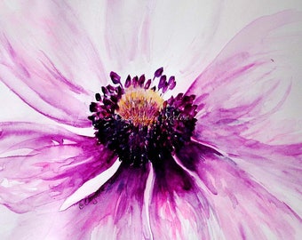 Anemone flower art  purple pink sweet blossom - watercolor 10x10 Square or 8x12 print