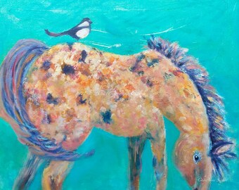 Horse art Purple Pink Orange Appaloosa pony Magpie Bird Friend Oil painting Horse Study New Mexico - equine art 11x14 16x20 oversized Print