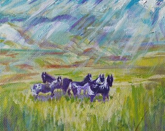 Mustang Dramatic Wild Purple Black Horses Vista landscape foals stallion family ORIGINAL Oil painting 6x6x1 canvas block miniature art