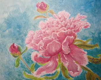 Peony Ruffled Pink buds ORIGINAL Oil painting 11x14 Big Blossom Flower
