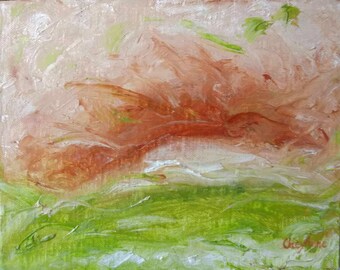 Abstract Landscape painting spring green peach white rusty peach flesh colored swirls 8x10 ORIGINAL oil on canvas board by CheyAnneSexton