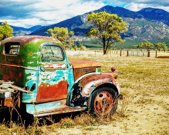 Old Rusted Out Truck Art Antique Farm Truck Teal Chevy Gmc Etsy