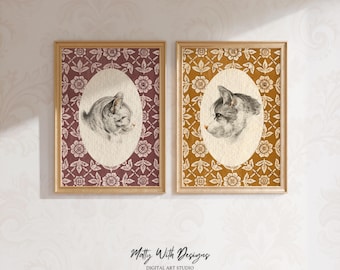 Ilustrações vintage de gatos, decoração rústica para quarto de bebê (download digital)