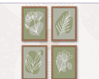 Juego de 4 impresiones artísticas botánicas en verde salvia, decoración minimalista, descarga digital imprimible.