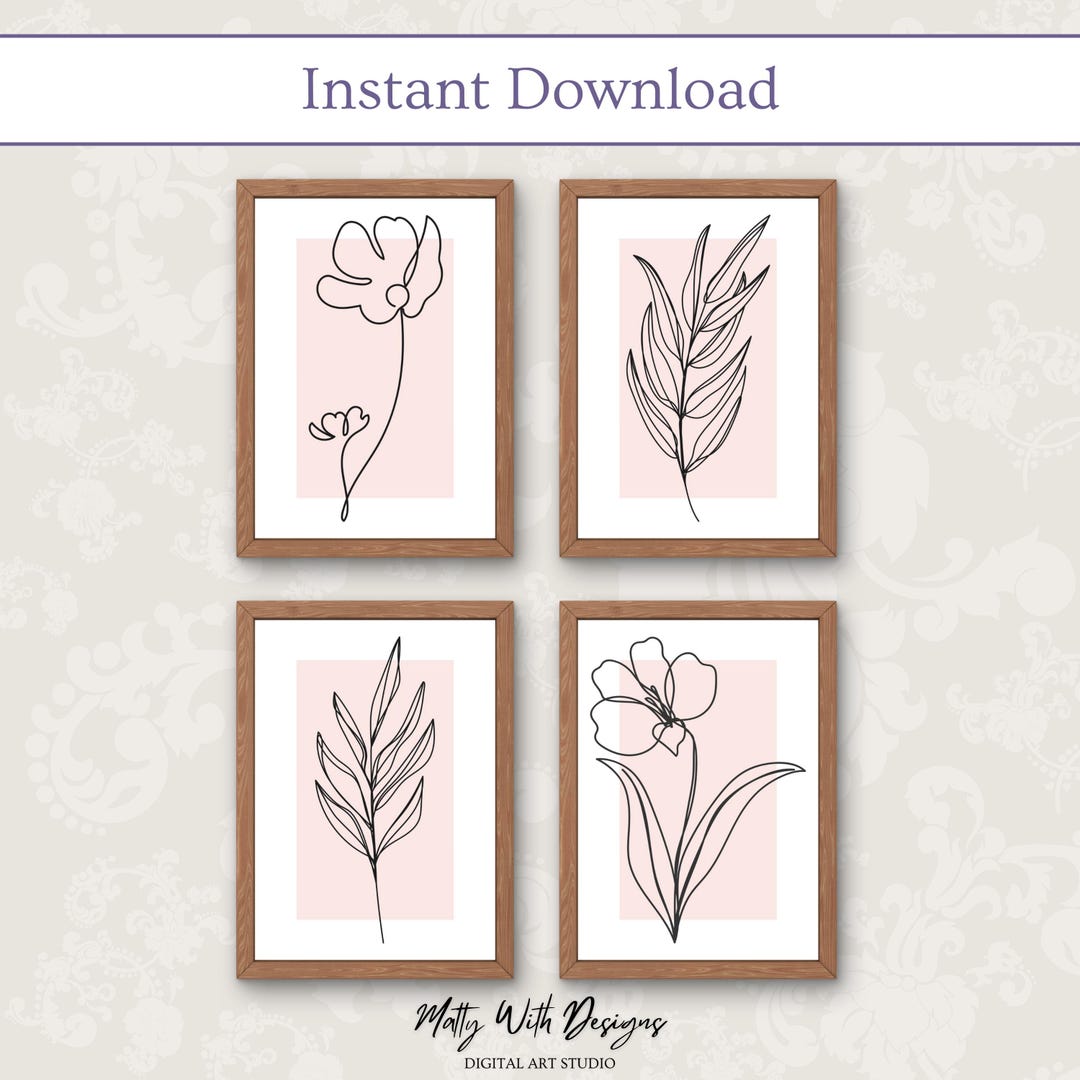 Set of 4 Blush Pink Botanical Line Art Prints, Minimalist Floral Boho ...
