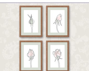 Juego de 4 impresiones de capullos de rosa en verde salvia y rosa, arte lineal minimalista, descarga digital imprimible.