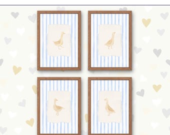 Juego de 4 impresiones de acuarela de ganso, decoración infantil de cabaña azul (descarga digital)
