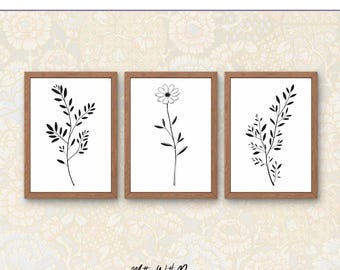 3er-Set Schwarzweiße botanische Drucke | Minimalistische Line Art Downloads für modernes Dekor | Digitaler Download