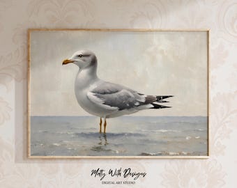 Lámina vintage de gaviota: Arte náutico oceánico con aire melancólico (Descarga digital)