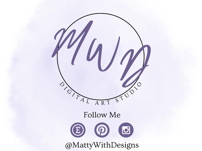 May include: A digital art studio logo featuring the initials "MWD" in a handwritten style within a black circle. The text "DIGITAL ART STUDIO" is below the circle. Below, it says "Follow Me" with social media icons and the username "@MattyWithDesigns".