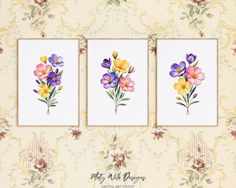 Kleurrijke aquarelkunstprints met wilde bloemen, set van 3 (digitale download)