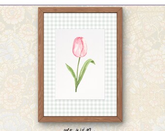 Impressão em aquarela de uma única tulipa rosa | Arte floral estilo cottagecore | Decoração floral de primavera | Arte botânica para parede | Download digital
