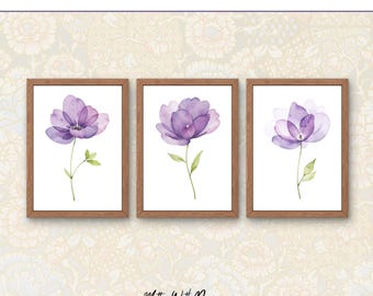 Set of 3 Purple Flower Wall Art | Cottagecore Botanical Illustration | Spring Floral Art | Digital Download