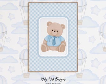 Lámina para habitación infantil con osito de peluche azul a cuadros: Decoración para bebé niño (Descarga digital)