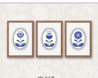 Conjunto de 3 estampados florales escandinavos azules, verde salvia, arte nórdico, descarga digital imprimible