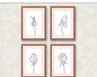 Juego de 4 impresiones de capullos de rosa en rosa ruborizado, arte floral minimalista (descarga digital)